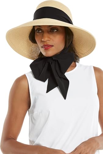 Coolibar UPF 50+ Women's Stella Scarf Detail Hat - Sun Protective (One Size- Natural/Black)