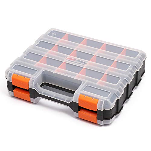 Mayouko Double Side Tools Organizer, Customizable Removable Plastic Dividers, Hardware Box Storage, Excellent for Screws,Nuts,Small Parts, 34-Compartment, Black/Orange,12.6'L x 10.6'W x 3.2'H