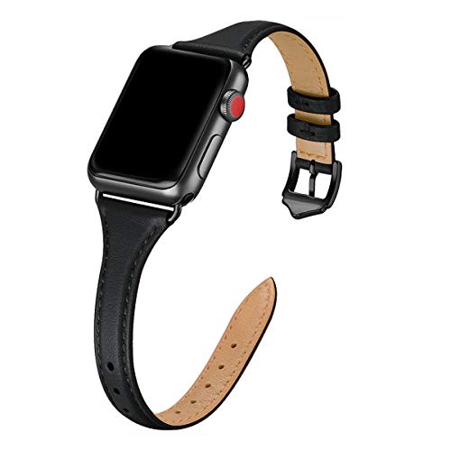 WFEAGL Leather Bands Compatible with Apple Watch Band 42mm 44mm 45mm 49mm Women, Top Grain Leather Strap Slim & Thin Replacement Wristband for iWatch Ultra SE & Series 9 8 7 6 5 4 3 2 1(Black/Black)