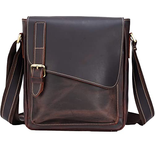 Men's Genuine Leather Messenger Bag Retro Small Crossbody Shoulder Bag for Men Flap Over Man Purse Fits 10 Inch Tablet, Brown