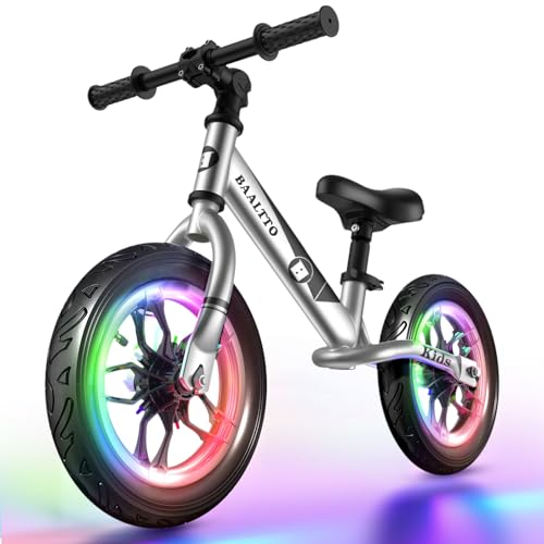 BAALTTO Balance Bike Rubber Tires, Metallic Paint, Colorful Lights, Mountain Bike Handlebars, and Integrated Stand - 12-Inch Wheel, Suitable for Boys and Girls Ages 2-7(Silver)