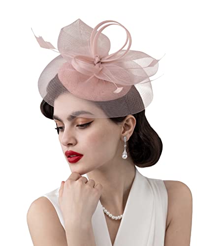 Zivyes Blush Pink Fascinators for Women Kentucky Derby Hats High Tea Pillbox Hat Feather Mesh Headband