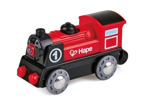 Hape Wooden Railway Battery Powered Engine No. 1 Kid's Train Set Red, White, Black, Blue, L: 3.7, W: 1.3, H: 1.9 inch