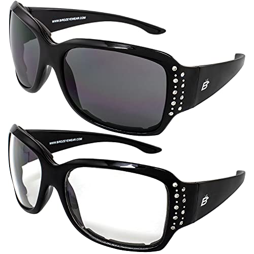 Birdz Eyewear LadyBird Women's Padded Motorcycle Sunglasses Rhinestone Black Frames (Clear & Smoke)