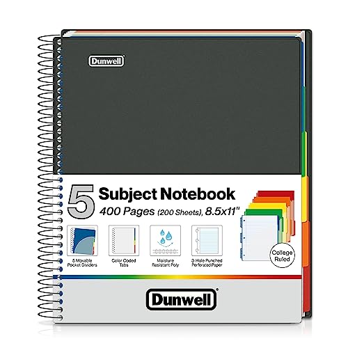 Dunwell 5-Subject Notebook College Ruled 8.5 x 11-200 Sheets (400 Pages), Spiral Notebook 8.5x11 with Tabs, Movable Dividers, Pockets, Front/Back Plastic Covers, Multi Subject Notebook