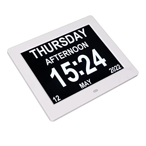 Digital Alarm Clock Photo Frame, Plug and Play Adjustable Brightness 8 Inch Full Screen Playback White Electronic Calendar Photo Frame for Home (US Plug)