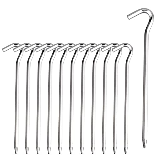 Tent Pegs - 12Pcs Aluminium Tent Stakes Pegs with Hook - 7’’ Hexagon Rod Stakes Nail Spike Garden Camping Pegs for Pitching Camping, Canopies (Silver)