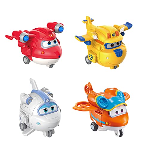 Super Wings 2' Transform-a-Bots 4-Pack, Supercharged Jett, Donnie, Astra, Sunny, Airplane Toys Vehicle Mini Figures, Fun Toys for Kids, Transformer Toys for 3 4 5 Year Old Boys and Girls