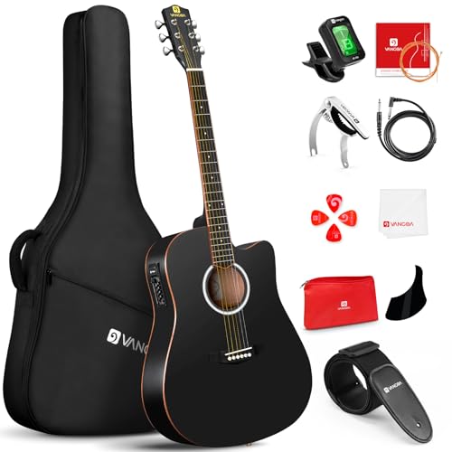 Vangoa Electric Acoustic Guitar Kit for Beginners Adults Full Size Cutaway Acoustic Guitar Bundle Set with Built-in Pickups Bag Tuner Strap Capo Picks Cable, Matte Black
