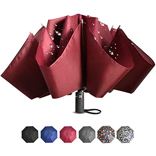 Brainstorming Travel Reverse Umbrella, Compact Inverted Umbrella for Outdoor&Travel, Portable Automatic Open Close Umbrella With 8 Fiberglass Ribs,Teflon Coating-Red
