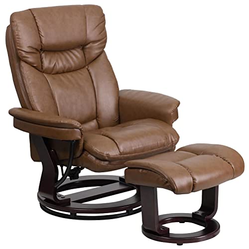 Flash Furniture Allie LeatherSoft Upholstered Recliner with Footrest, Arms, and Headrest, Padded Swivel Recliner Chair and Ottoman Set, Palimino