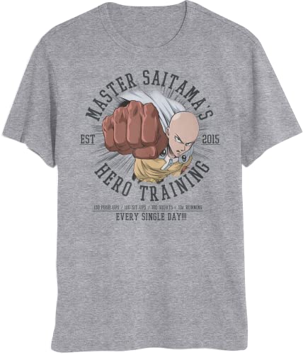 One Punch Man Master Saitama’s Hero Training Men's and Women's Short Sleeve T-Shirt (Large, Grey)