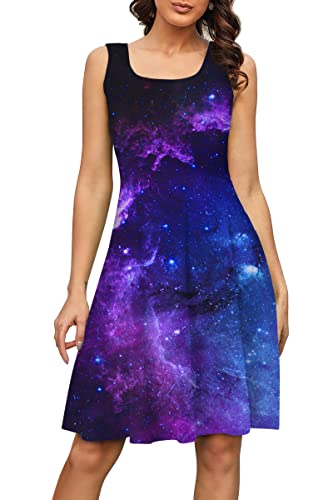 Fanient Women's Space Sleeveless Midi Dresses Galaxy Pattern Casual Sundress Scoop Neck Flared Tank Dress M