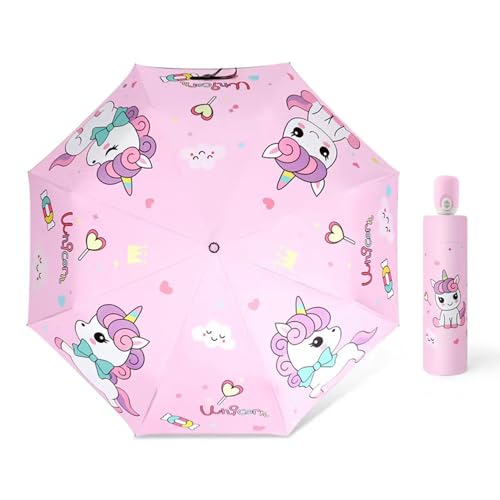 Hannstar kids Folding Travel Umbrella, Strong and Portable - Wind Resistant, Anti-UV Compact Durable Cute Umbrella, Auto Open/Close, Lightweight Backpack Cartoon design for girls & boys
