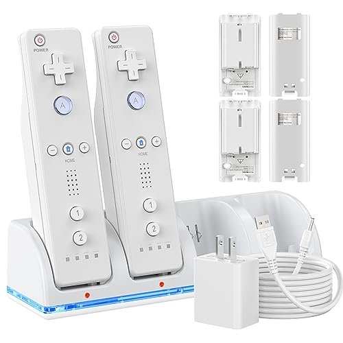 4 Ports Controller Charger for Wii/Wii U Remotes, Controller Charger Dock Station for WII Controller with 4 Pack 2800mAh Rechargeable Battery and 4.9FT USB Cable and Adapter, Remote Not Included