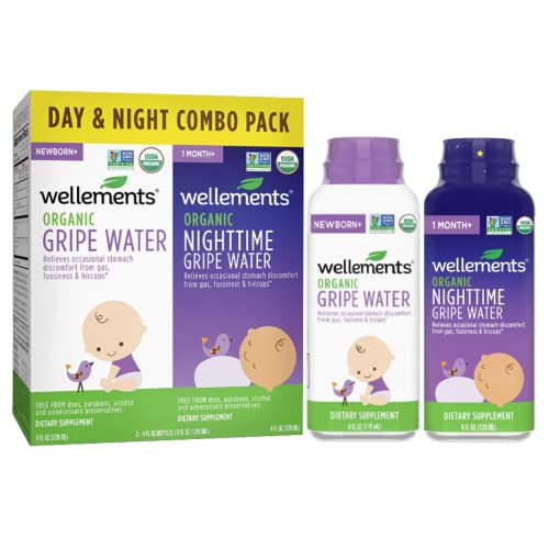 Wellements Organic Baby Gripe Water Day & Night Combo Pack | Relief for Occasional Upset Bellies from Baby Gas, Colic, Hiccups & Fussiness, Gentle & Safe, USDA Certified Organic | Pack of 2, 4 Fl Oz