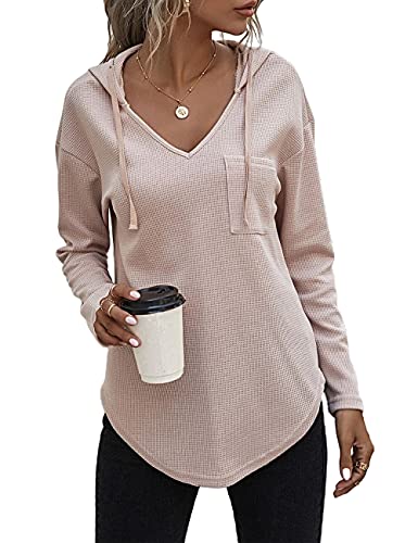 morhuduck Women's V Neck Hoodies Long Sleeve Sweatshirt Drawstring Pullover Tops with Pocket (Apricot M)
