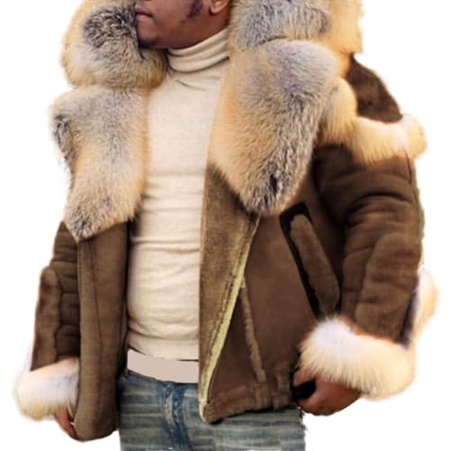 HABEN Mens Leather Fur Coat Luxury Trendy Winter Fluffy Jacket Fuzzy Furry Shearling Sheepskin Bomber Jackets Coat Outwear