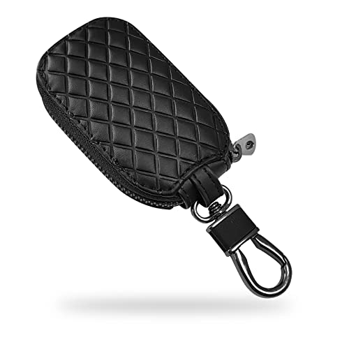 Car Key Case, Universal Key Fob Cover Case, Leather Car Key Smart Keychain Holder Anti Scratch Cover Protector with Zipper and Metal Hook(Black Plaid)