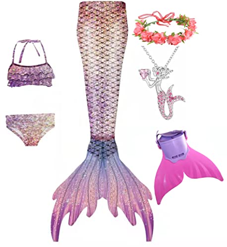 6Pcs Girls Swimsuits Mermaid Tail for Swimming Kids' Bikini Bathing Suit(E404,7-8Years)