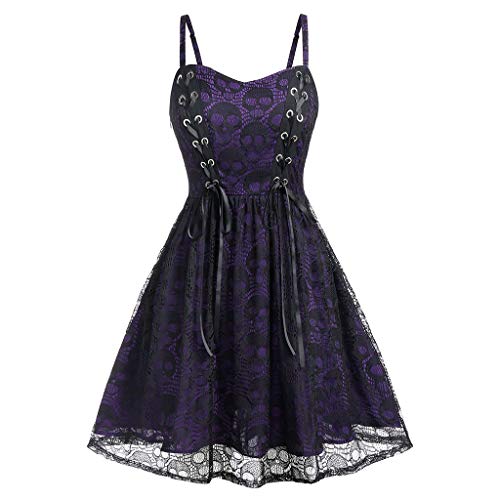 Women's Sleeveless Punk Dress Camisole Skull Print Lace Swing Dress Halloween Spaghetti Strap Steampunk Dress Goth Clothes Purple