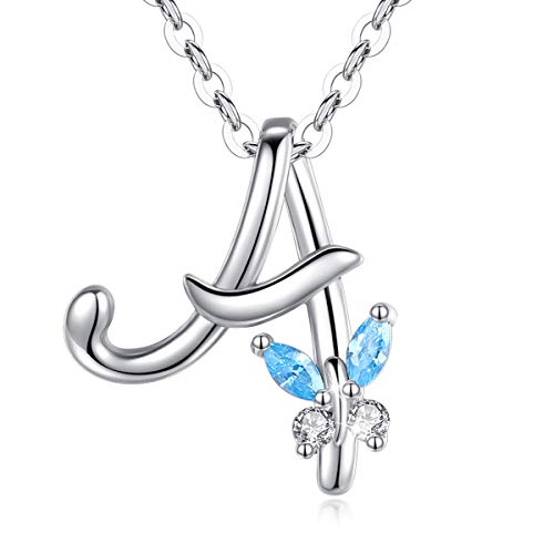 EUDORA Sterling Silver Initial A Necklace for Women Girl Personalized Letter Pendant with Blue Cubic Zirconia Butterfly, 18' chain