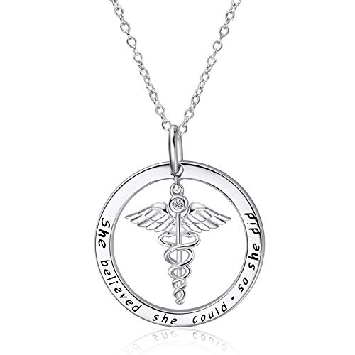 WINNICACA Nurse Jewelry for Women Caduceus Necklace Nurse Christmas Gifts Sterling Silver Nurse Themed Pendant She Believed She Could So She Did Nurse Graduation Gifts White Coat Ceremony Doctor