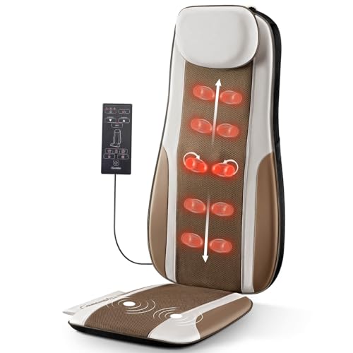 Shiatsu Back Massager with Heat, Massage Chair Pad Seat Cushion for Stress Relief, Deep Tissue Kneading & Roller, 2 Vibration Motors, Back Waist Hip Massager, PU Leather, Fit 5'1-6'2, with 2 Adapters