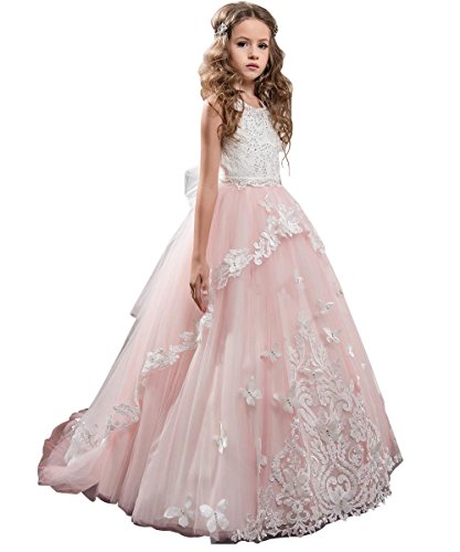 Fancy Flower Girl Dress Kids Lace Applique Pageant Party Ball Gown Blush Pink Size 6