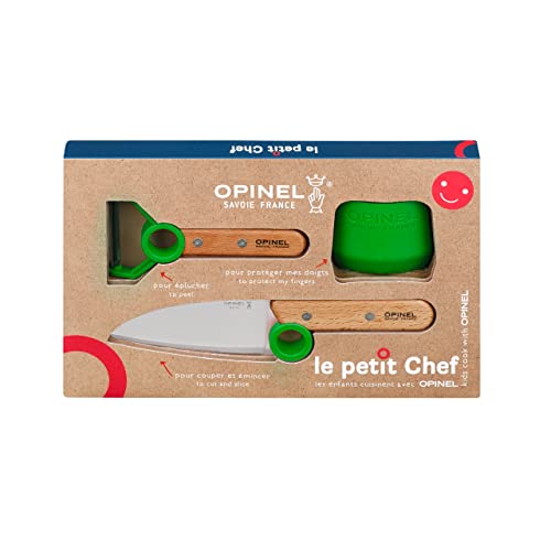 Opinel Le Petit Chef Complete 3 Piece Kitchen Set, Chef Knife with Rounded Tip, Fingers Guard, Peeler, For Children and Teaching Food Prep and Kitchen Safety, Made in France (GREEN)