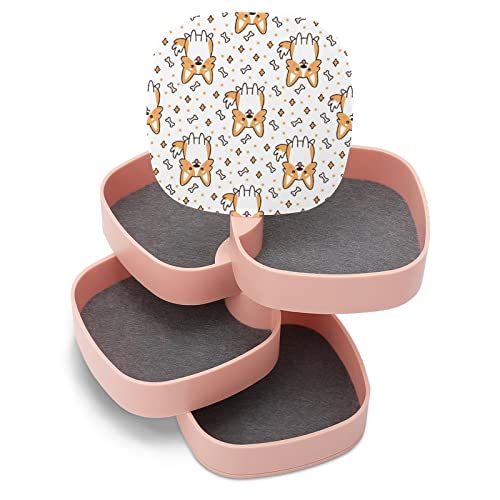 Welsh Corgi Dog Breed Bones Stars Seamless on White Print Women Jewelry Box with Mirror, Storage Bag Case for Rings, Necklaces, Bracelets, 360 Degree Rotating 4-layer Tray with Lid