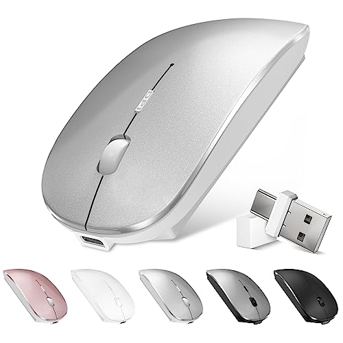 Bluetooth Wireless Mouse for MacBook Air Mac Pro Laptop Computer iPad Pad PC Optical Rechargeable Silent Mouse with Dual Mode Switch Mouse Bluetooth 5.2/3.0 and 2.4GHz USB Type-C Receiver (Silvery)