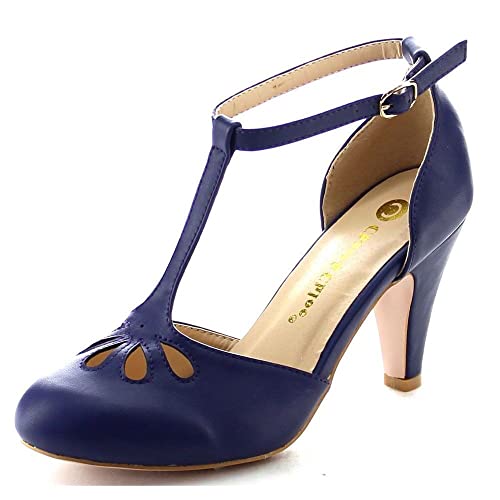 Chase & Chloe Kimmy-36 Women's Teardrop Cut Out T-Strap Mid Heel Dress Pumps (8, Navy PU)
