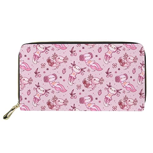 Showudesigns Pink Flower Axolotl Wallet Women Teen Girls Purse Leather Long Wallet Travel Credit Card Holder for Ladies Clutch Zipper Large Capacity Handbag