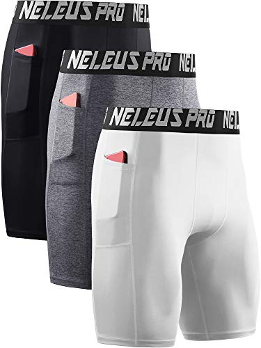 NELEUS Men's 3 Pack Compression Shorts with Pockets Dry Fit Yoga Running Shorts,6063,Black/Grey/White,M,EU L
