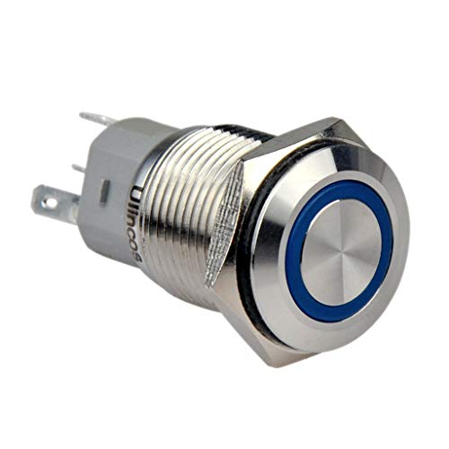 Ulincos Momentary Push Button Switch U16F1 1NO1NC Silver Stainless Steel Shell with 12V Blue LED Ring Suitable for 16mm 5/8' Mounting Hole (Blue)