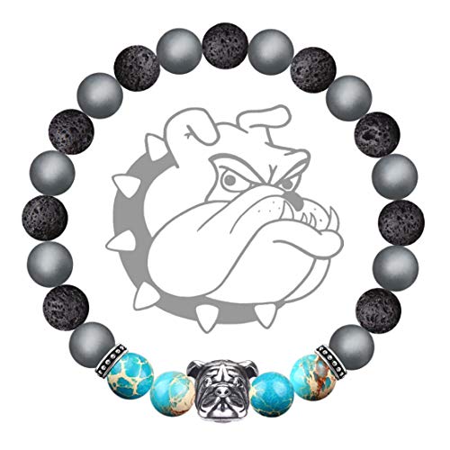 Karseer Vintage Silver Bulldog Mascot Stress Relief Healing Bracelet Natural Lava Rock Aromatherapy Essential Oil Diffuser Bracelet Matte Hematite Anti Anxiety Relax Calming Bracelet