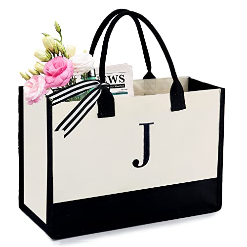 BeeGreen Christmas-Gifts-For-Women-Birthday - Personalized Canvas Tote Bag with Pocket Embroidery Initial Monogrammed Tote for Her Teacher Mom Friends Friendship Sister Hostess Unique Gifts Baskets J
