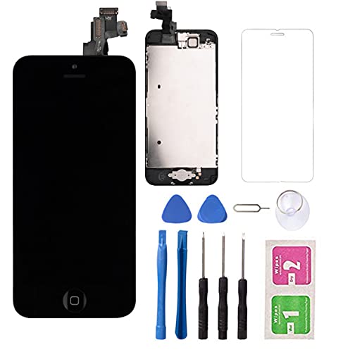 Compatible for iPhone 5C LCD Screen Replacement, LCD Display Screen Touch Digitizer Assembly Frame and Home Button, Front Camera, Proximity Sensor, Earpiece, LCD Shield, Repair Tool Kit Tempered Glass