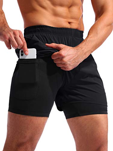 Pudolla Men’s 2 in 1 Running Shorts 5' Quick Dry Gym Athletic Workout Shorts for Men with Phone Pockets(Black Medium)