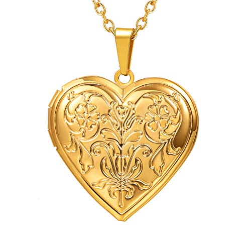 U7 Heart Locket Necklace with Blooming Flower Grain 18K Real Gold Plated Cable Link Chain Photo Locket Pendant for Women