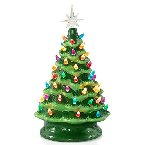 13 Inch Ceramic Christmas Tree, Pre-lit Tabletop Christmas Tree with Multicolored LED Lights and Star Topper, Battery Operated Vintage Lighted Ceramic Tree for Home Office Table Holiday Decorations