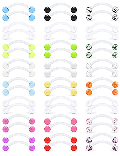 Prjndjw 14G Tongue Rings Nipple RIngs Snake Eyes Tongue Rings Glow in The Dark Flexible Plastic Acrylic Tongue Nipple Rings for Women Men Curved Barbell Body Piercing Jewelry Retainer 16mm 48Pcs