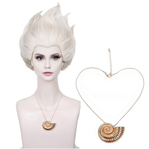 Aicos 2 Tone Gray Cosplay Wig for Wicked Undersea Witch Cosplay with Shell Necklace for Women Halloween Costume Crazy Wig Hair Fits All+Wig Cap