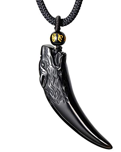 Lightock Natural Obsidian Wolf Tooth Necklace Pendant for Men Women Amulet Unisex Couples Gifts Adjustable Size 27inch