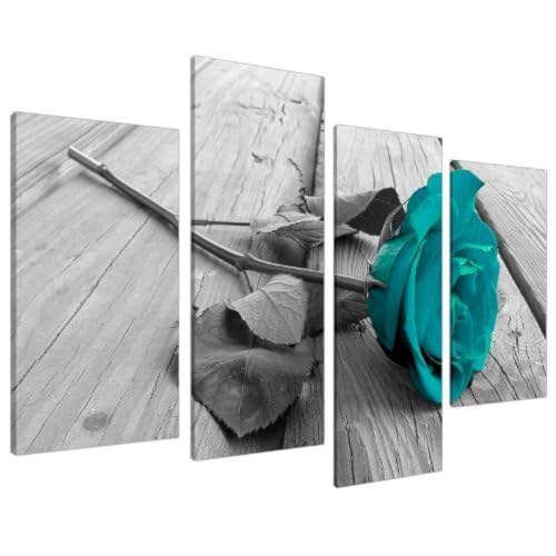 Large Black White Teal Rose Floral Canvas Wall Art Pictures on Grey XL Split Set - Big Modern Flower Prints - Multi Panel Turquoise Artwork - XL - 130 cm Wide