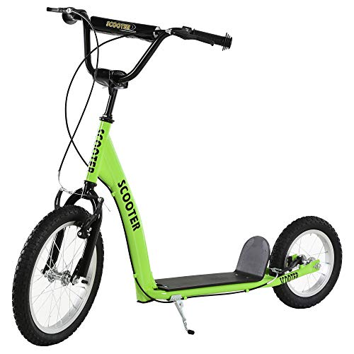 Aosom Youth Scooter Kick Scooter for Kids 5+ with Adjustable Handlebar 16' Front and 12' Rear Dual Brakes Inflatable Wheels, Green