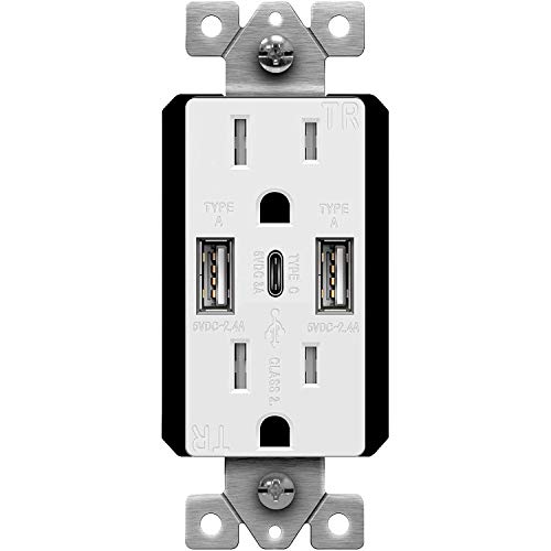 TOPGREENER USB Outlet, 5.8A 3-Port Type C Wall 15 Amp Tamper-Resistant Receptacle Plug, Compatible with iPhone 15 Series & More, UL Listed, TU21558AC3-2PCS, White, 2 Pack