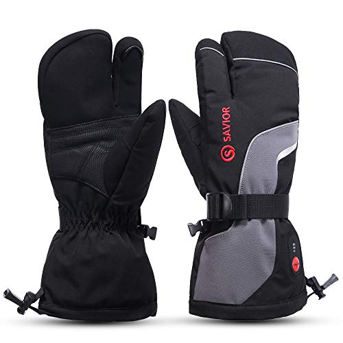 Savior Heated Gloves for Men Women 3-Finger Ski Mitten 7.4V Rechareable Battery Gloves for Skiing (XXL)