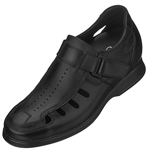 CALTO Men's Invisible Height Increasing Elevator Shoes - Black Premium Leather Lightweight Fisherman Sandals - 2.8 Inches Taller - S1050 - Size 8 D(M) US